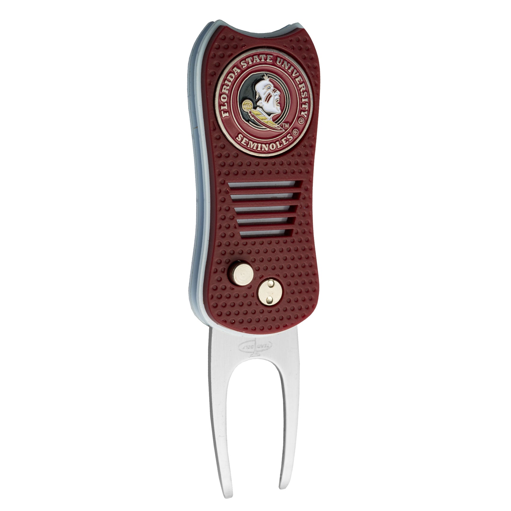 The Switchfix ACC College Switchfix Divot Tool with Ball Marker features a maroon grip, Florida State University Seminoles logo and text on top, switchblade mechanism, textured handle dots, metal buttons, and silver forked prongs.