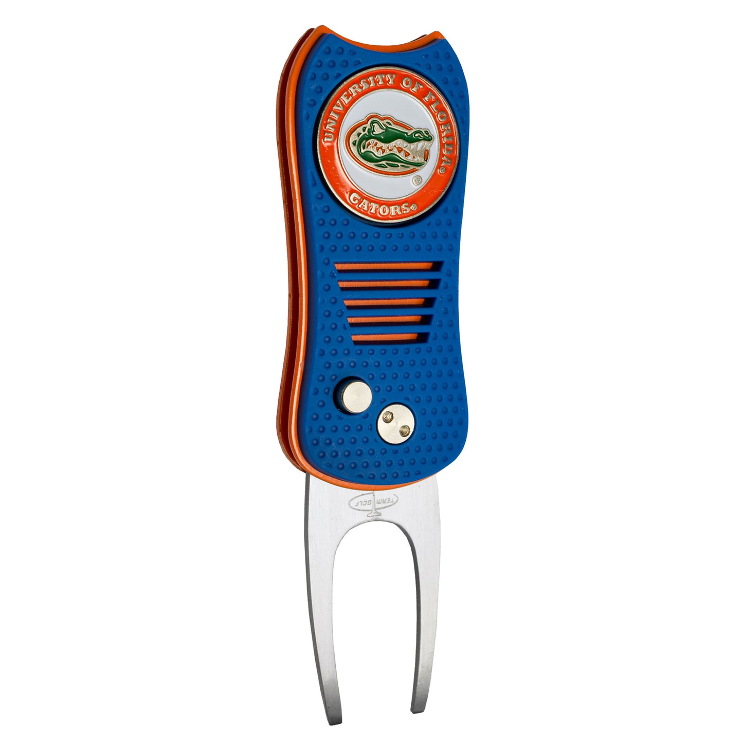 The ACC College Switchfix Divot Tool with Ball Marker by Switchfix features a University of Florida Gators logo, blue and orange colors, textured grip, metal forked end, and a handy magnetic ball marker.