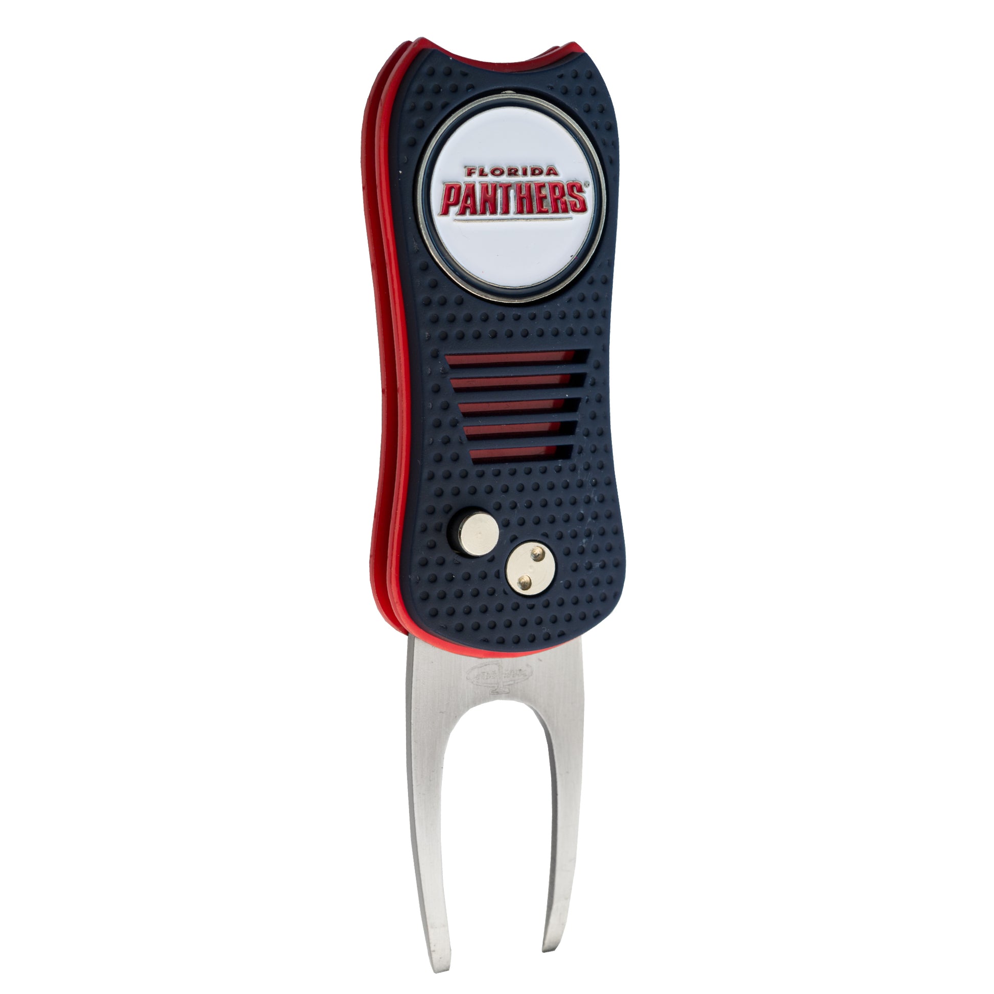 The Ballmarkers.com NHL Switchfix Divot Tool with Ball Marker features a Florida Panthers logo, black and red rubber grip, switchblade mechanism, metal pronged base, and a convenient magnetic ball marker.