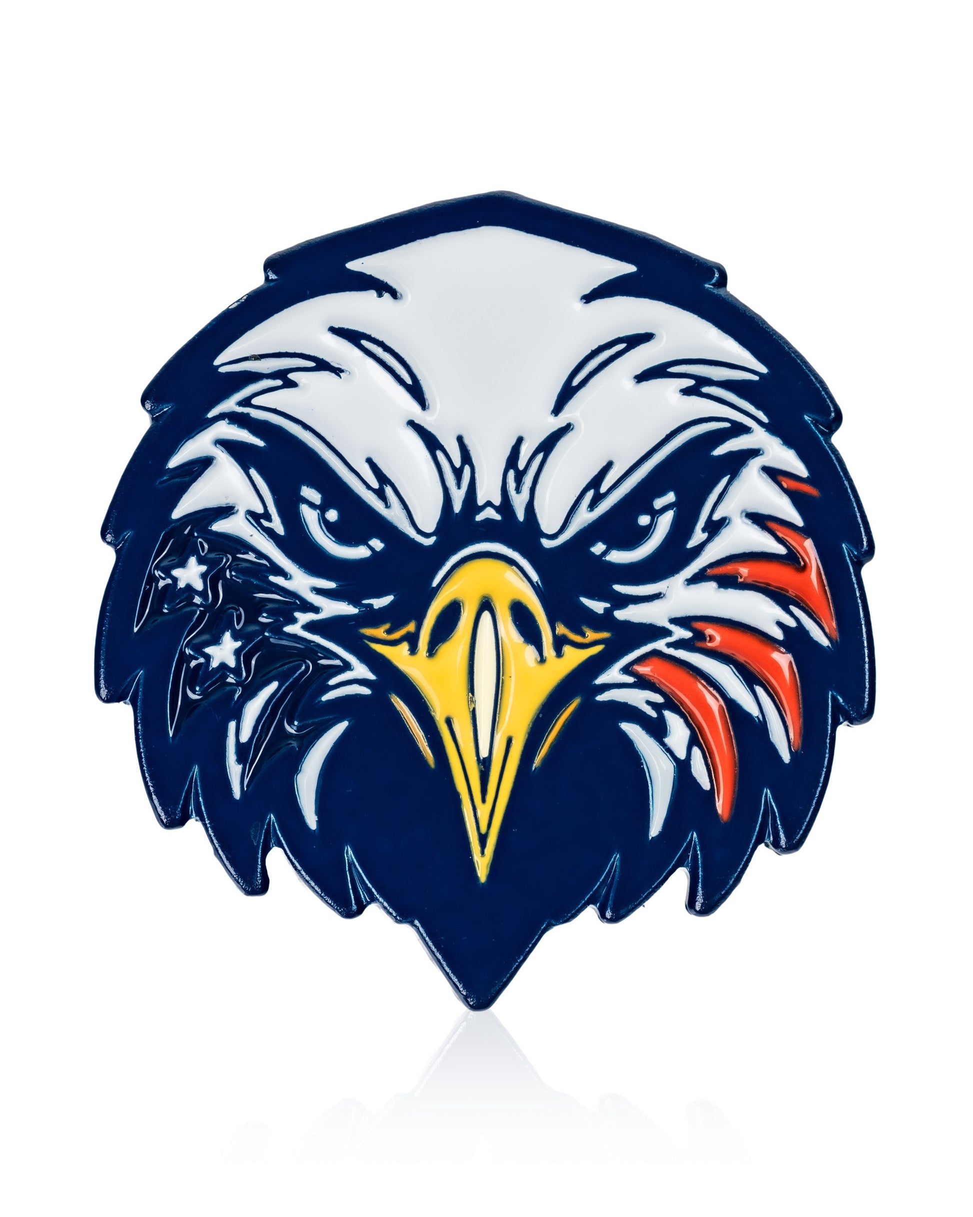 Show your patriotic spirit on the course with the Independence Eagle - Ball Marker by Pins and Aces, featuring a fierce bald eagle design with flag-inspired stripes—ideal as a golf ball marker or magnetic hat clip for the Fourth of July.