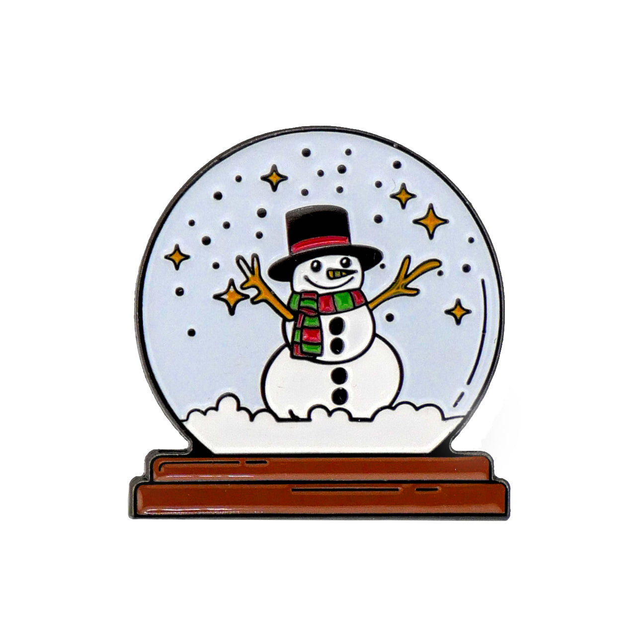 The Frosty the Snow Globe Ball Marker by Ballmarkers.com features a cartoon snowman with a top hat and scarf inside a dome with falling snow and yellow stars, all set atop a brown base.