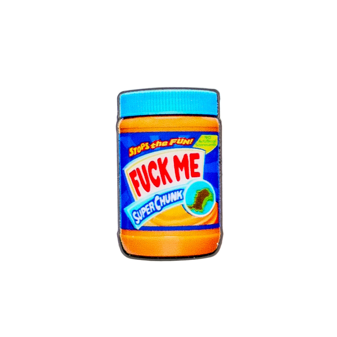Brightly colored enamel pin from Ballmarkers by Logie Joes, shaped like a peanut butter jar labeled Chunky Peanut Butter, with a blue lid—perfect as a novelty golf ball marker or for collectors seeking something unique.