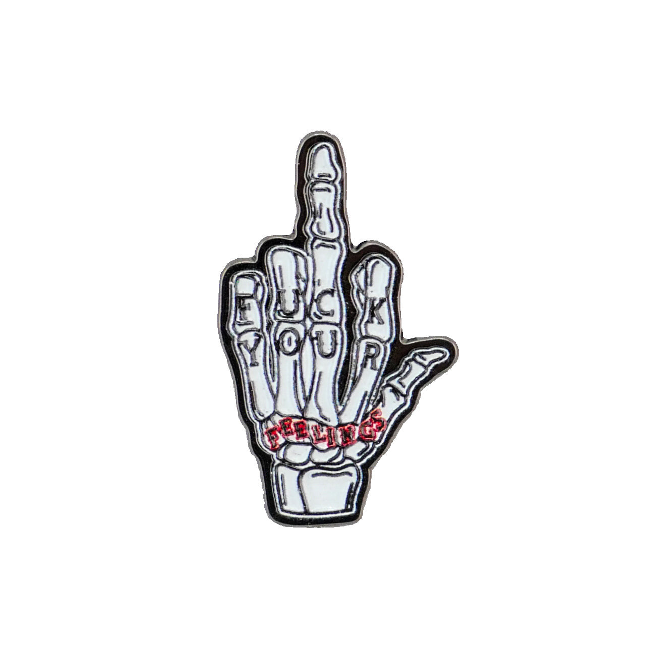 The “F” Your Feelings patch by Logie Joe's Golf features a skeletal hand flipping the bird, with FUCK YOUR FEELINGS inscribed on the fingers and FEELINGS in red—perfect for bold expression on your bag or premium golf gear.