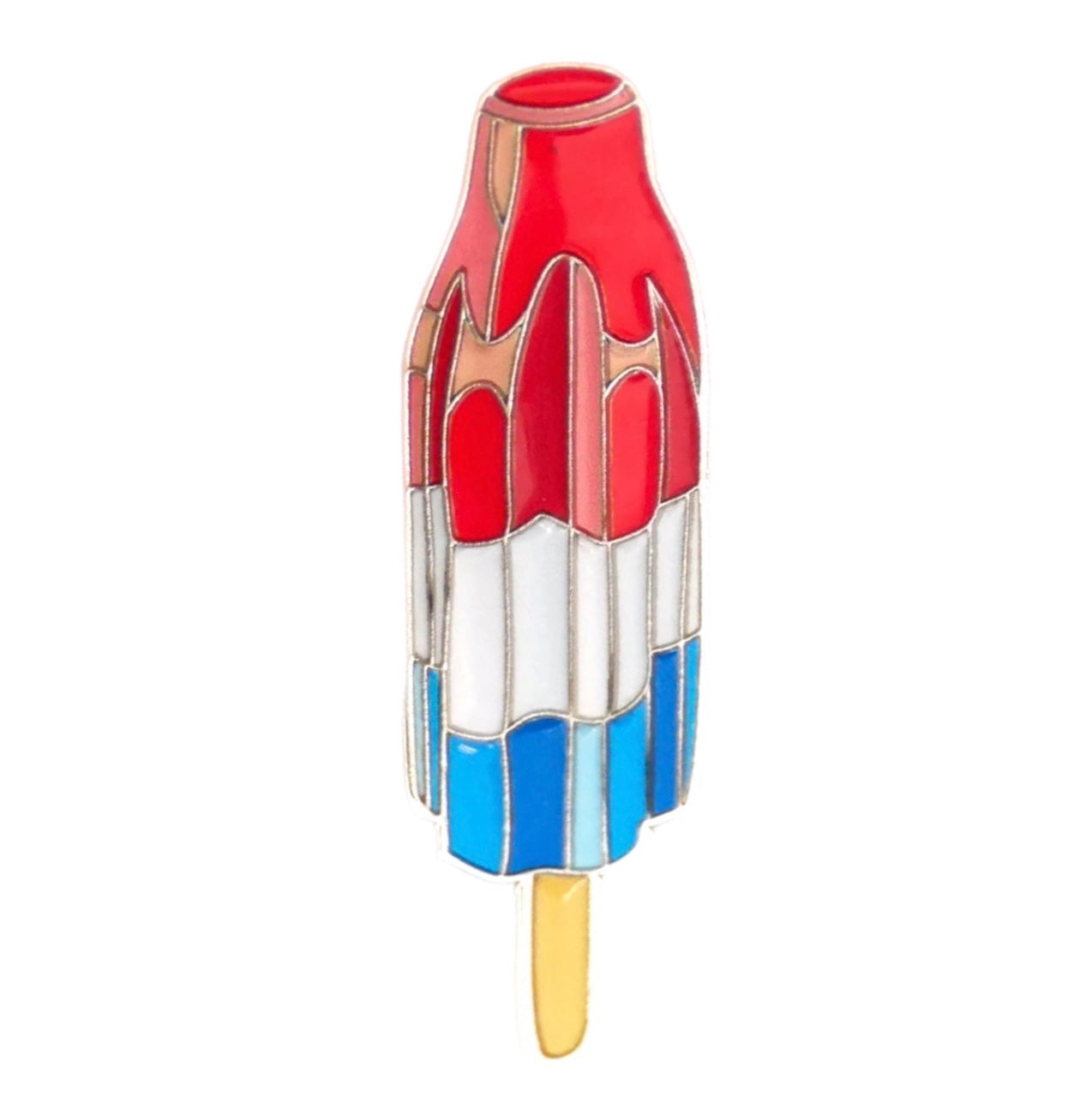 The Red White Blue Popsicle Ball Marker by Logie Joe's Golf features a rocket-shaped popsicle design with red, white, and blue sections and a yellow stick—ideal for fans of fun and unique golf accessories.
