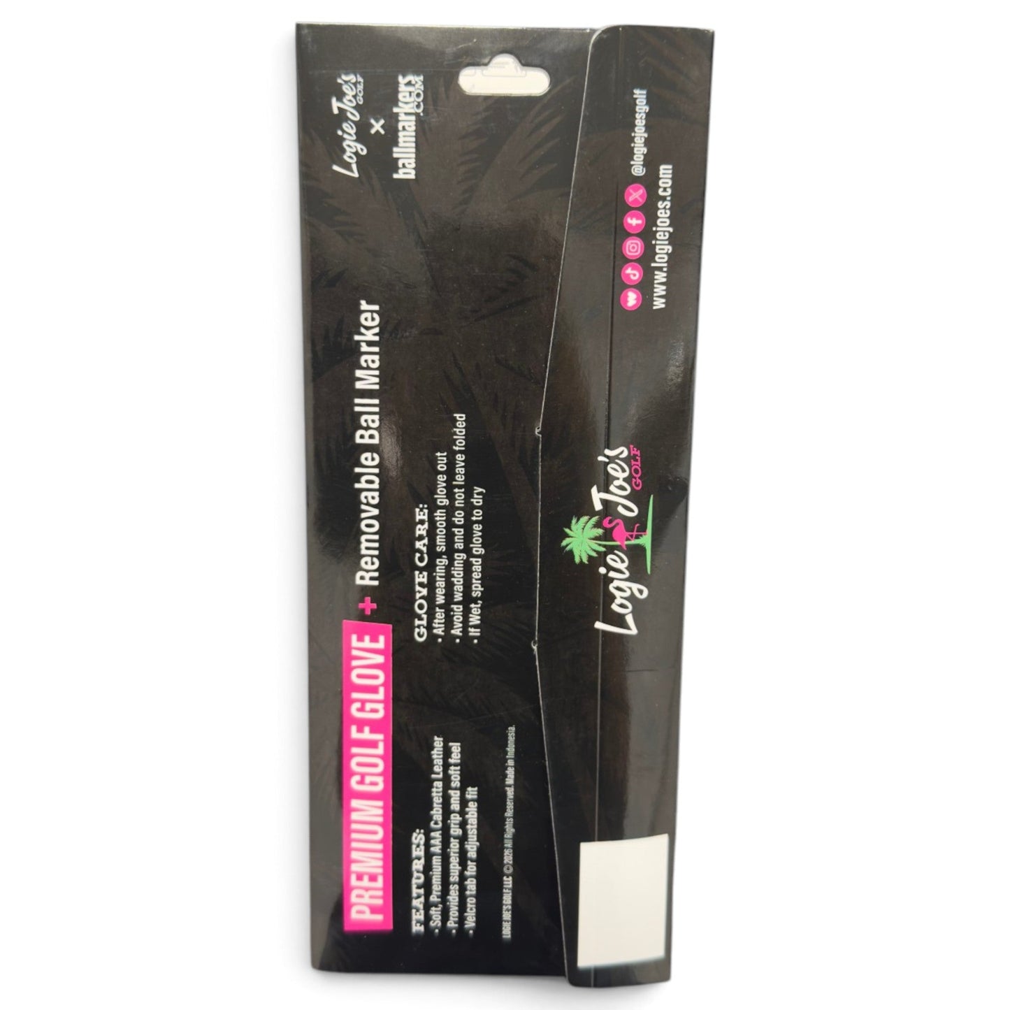 A black rectangular package for the Logie Joe’s Golf Water Ball Cabretta Leather Golf Glove, a premium cabretta leather golf glove with a magnetic ball marker. Packaging features the website, social media icons, care instructions, and product benefits. The palm tree logo is prominently displayed near the center.
