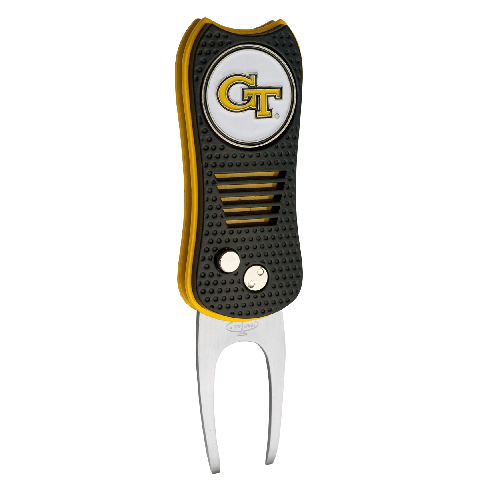 The ACC College Switchfix Divot Tool with Ball Marker by Switchfix features the Georgia Tech GT logo, a black and yellow design, textured grip, two-pronged metal fork, and a handy magnetic ball marker.