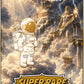 An illustrated astronaut stands before a majestic, cloud-filled temple with a towering statue of Zeus, symbolizing the exclusive Astronaut Walker Mystery Blind Bag from Ballmarkers.com. Gold borders and star accents surround this rare golf ball marker card, featuring text that reads ballmarkers.com, SUPER RARE, and 1 OF 25.
