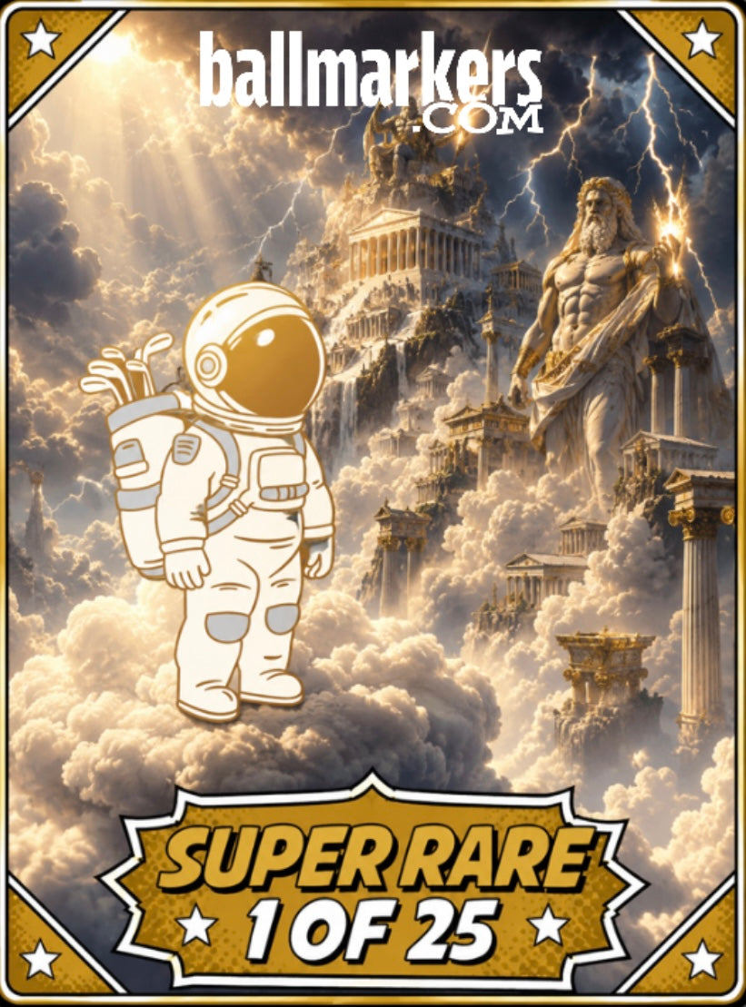 An illustrated astronaut stands before a majestic, cloud-filled temple with a towering statue of Zeus, symbolizing the exclusive Astronaut Walker Mystery Blind Bag from Ballmarkers.com. Gold borders and star accents surround this rare golf ball marker card, featuring text that reads ballmarkers.com, SUPER RARE, and 1 OF 25.
