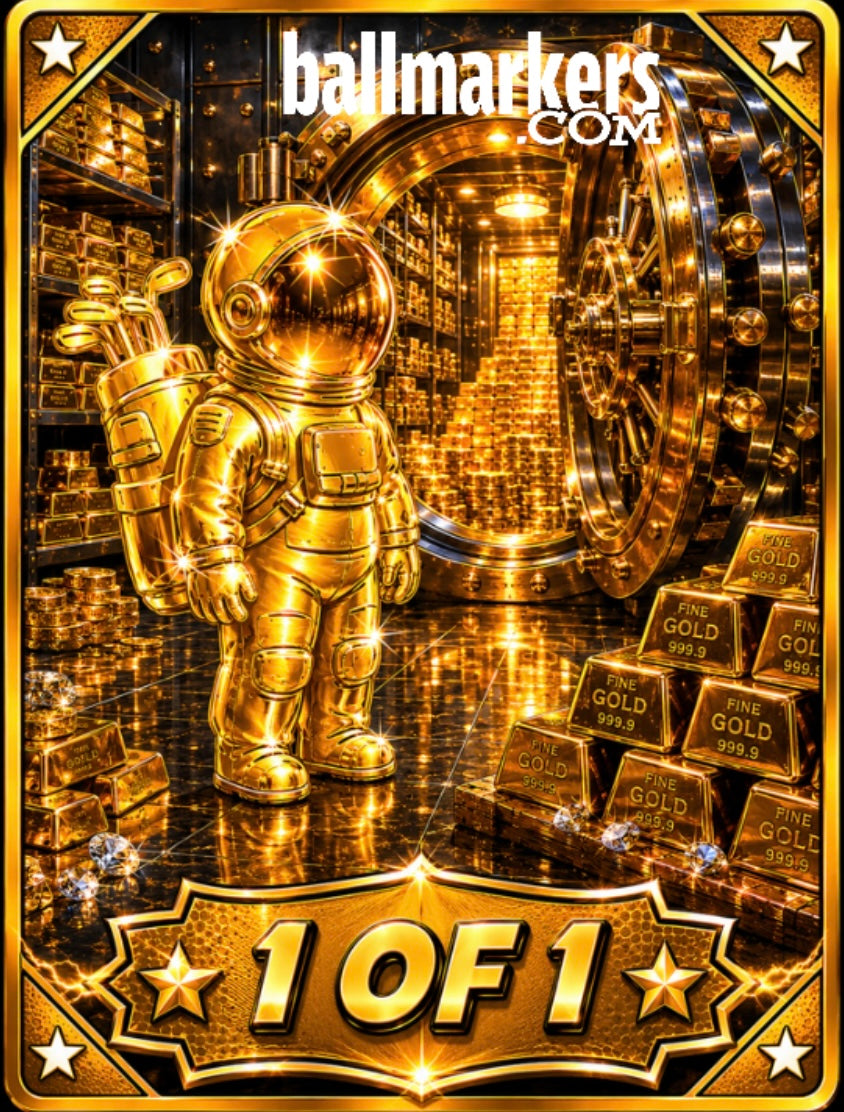 An astronaut golf statue stands in front of an open bank vault packed with gold bars, representing the exclusive Astronaut Walker Mystery Blind Bag from Ballmarkers.com. The text “Ballmarkers.com” appears at the top and “1 OF 1” at the bottom, surrounded by stars to highlight the rarity and prestige of this unique golf ball marker.