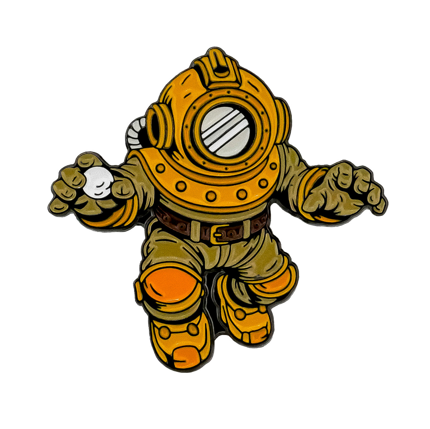 Cartoon illustration of the Golf Ball Diver Ball Marker by Ballmarkers.com, featuring a vintage diver in an orange and yellow suit with a round helmet, reaching out with gloved hands on a white background.