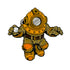 Cartoon illustration of the Golf Ball Diver Ball Marker by Ballmarkers.com, featuring a vintage diver in an orange and yellow suit with a round helmet, reaching out with gloved hands on a white background.