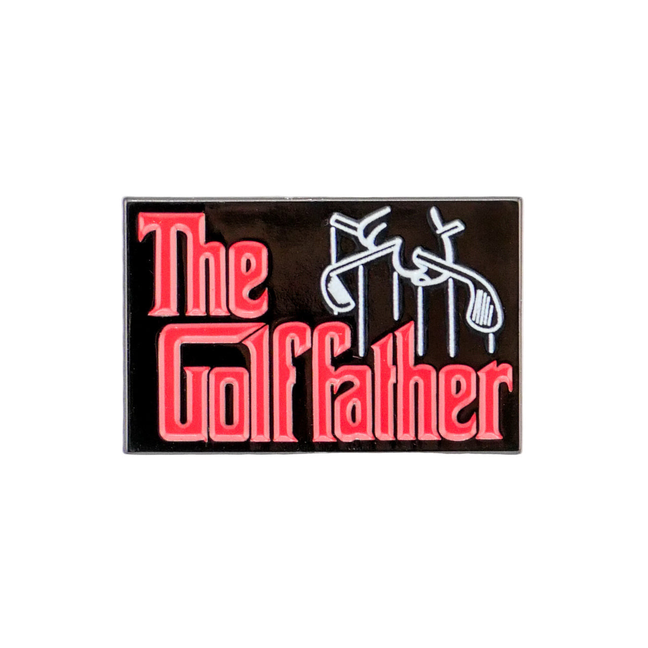 Logie Joe's Golf "The Golf Father" is a rectangular premium ball marker with bold red text on black, styled like The Godfather logo and featuring golf clubs above "Golf Father"—a funny gift for golf fans.