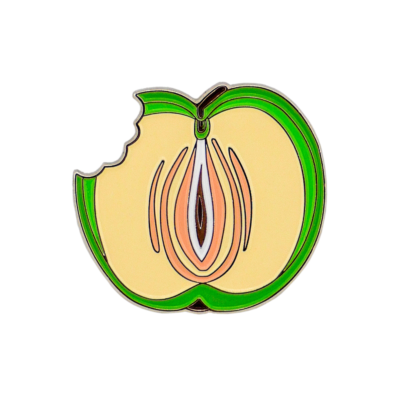 The Bunkers & Rough Green Apple Vagina Ball Marker features a stylized green apple with cream flesh, central seed area, and colorful abstract details—a unique novelty for your golf game.