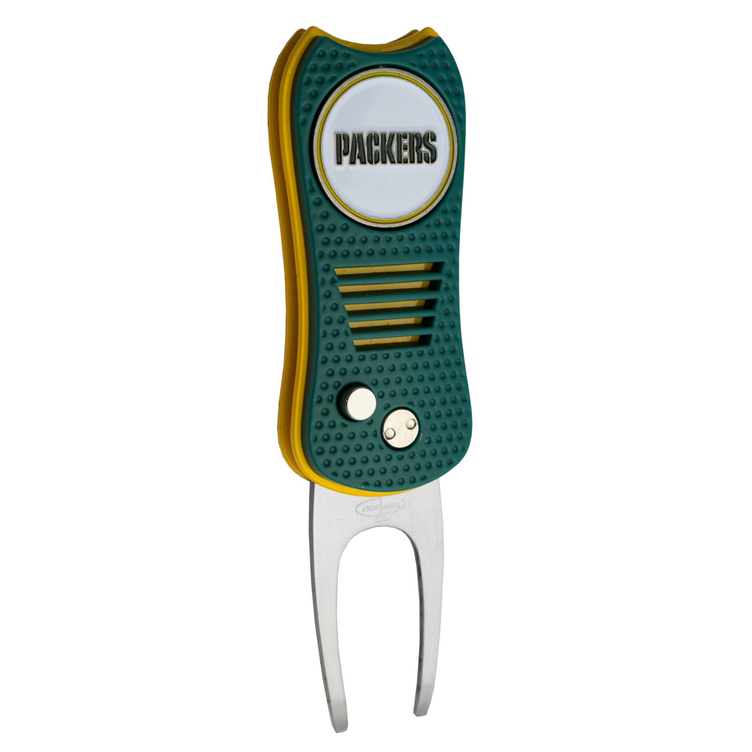 NFL Switchfix Divot Tool with Ball Marker by NFL in green and yellow, featuring a textured grip, PACKERS logo on top, magnetic ball marker, two metal prongs, and two small front buttons.