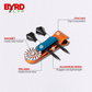 The Byrd, LLC's THE BYRD GOLF CLYP - Red Cardinal securely holds two black tees and a striped ball marker. Labeled parts: pincher (clip it anywhere), magnet (holds ball marker), tee arm (holds three tees), and aluminum body.