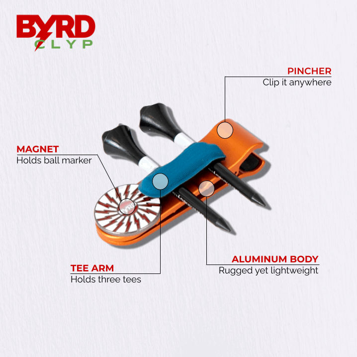 The Byrd, LLC's THE BYRD GOLF CLYP - Red Cardinal securely holds two black tees and a striped ball marker. Labeled parts: pincher (clip it anywhere), magnet (holds ball marker), tee arm (holds three tees), and aluminum body.