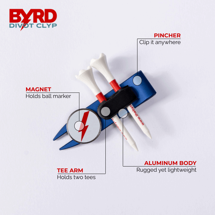 THE BYRD GOLF DIVOT CLYP by The Byrd, LLC organizes your golf gear with a blue divot tool featuring a magnetic ball marker, tee arm holding two white tees, and pincher clip. Low stock—order now before it’s gone!.