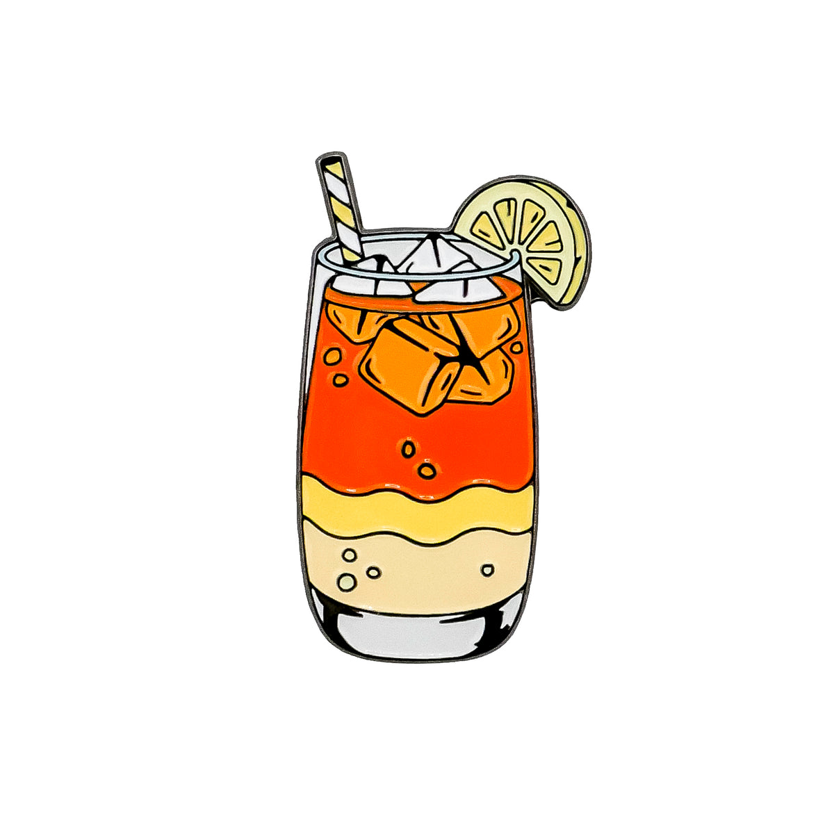 A glass of iced layered drink with orange and yellow sections, lemon slice, striped straw, and a Half Iced Tea & Half Lemonade Ball Marker by Logie Joe’s Golf as a fun golf accessory—set against a white background.