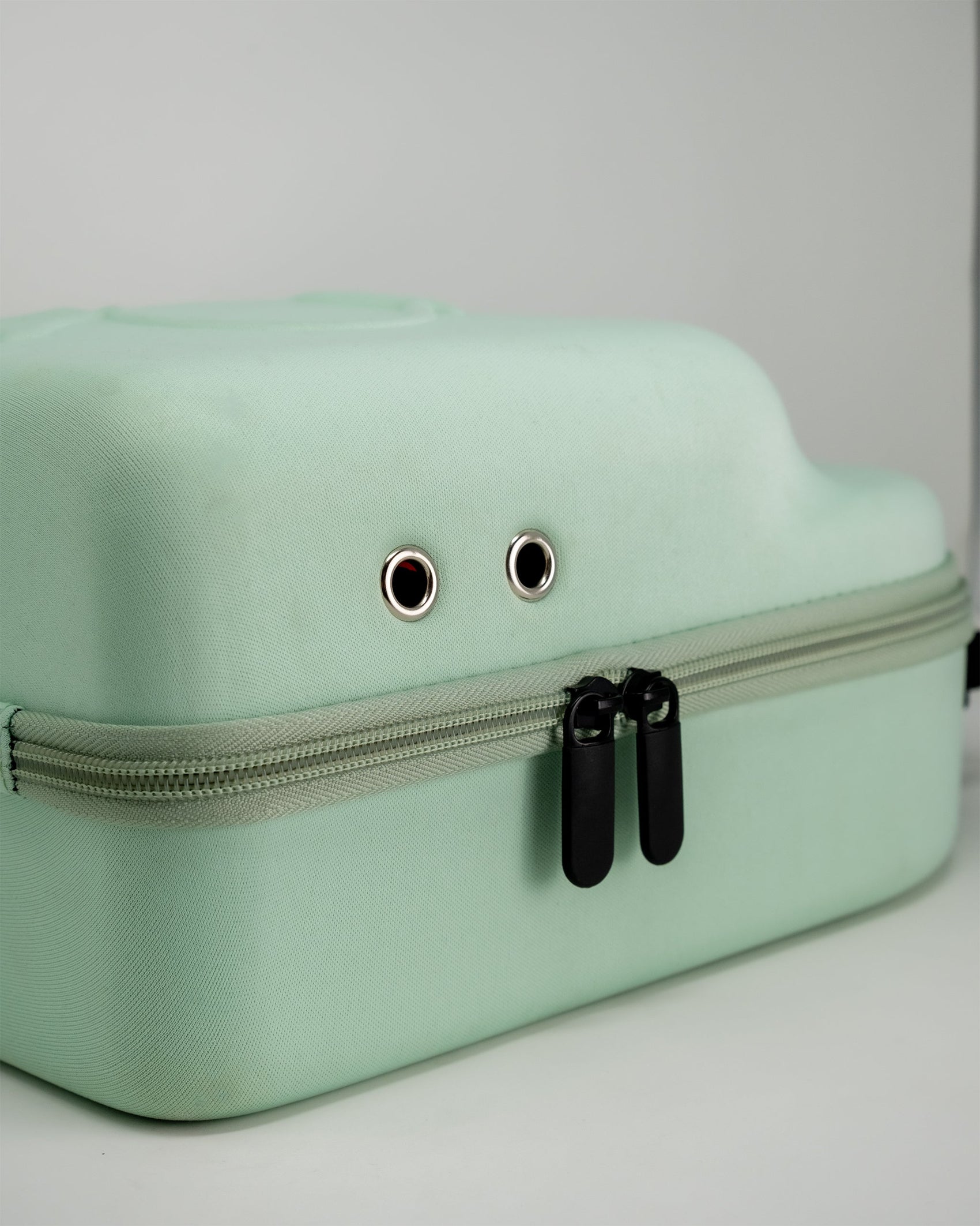 The Pins and Aces Hat Caddie is a light green golf hat case with a zippered closure and two metal grommets, resembling eyes and a mouth, shown against a plain light background.
