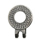 The Custom Magnetic Hat Clip is a silver metal accessory with a circular, textured top, a large central hole, and two downward prongs—ideal as a golf hat clip or ball marker.
