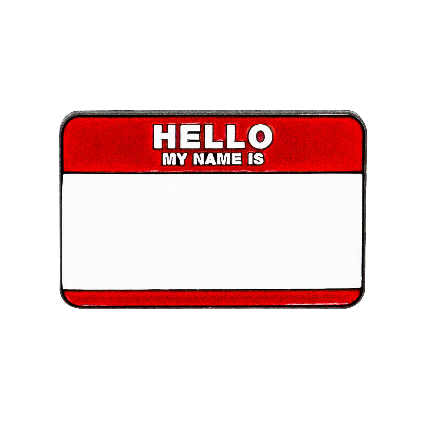 The Name Tag Ball Marker by Ballmarkers.com is a red and white "hello my name is" golf accessory, styled like a name tag with a blank space for personalization.