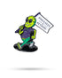 A cartoon alien in a purple patterned shirt and green pants walks while holding a PINS AND ACES flag, showing off the HEYDUDE – Alien Ball Marker by Pins and Aces, displayed on a white background.