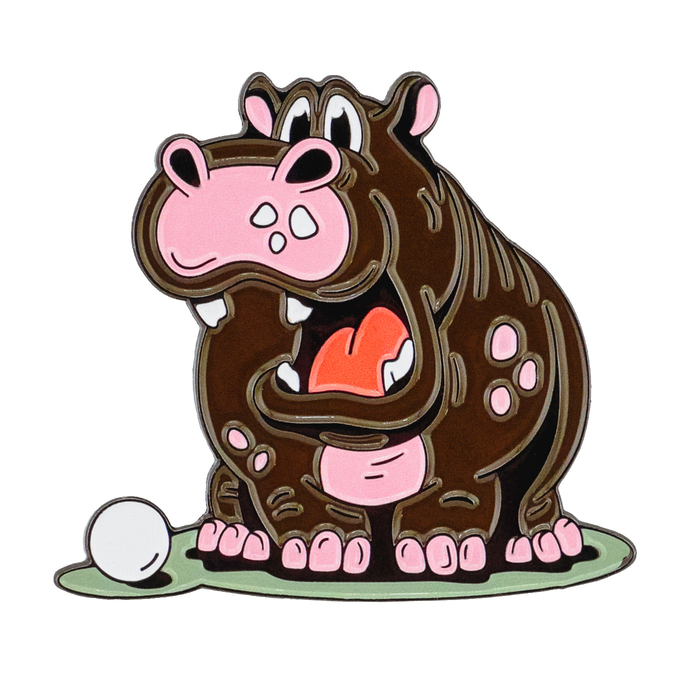 The Hippo Hazard Ball Marker from Ballmarkers.com features a cartoon brown hippopotamus with pink accents, mouth wide open on green grass, displayed beside the marker against a plain white background.