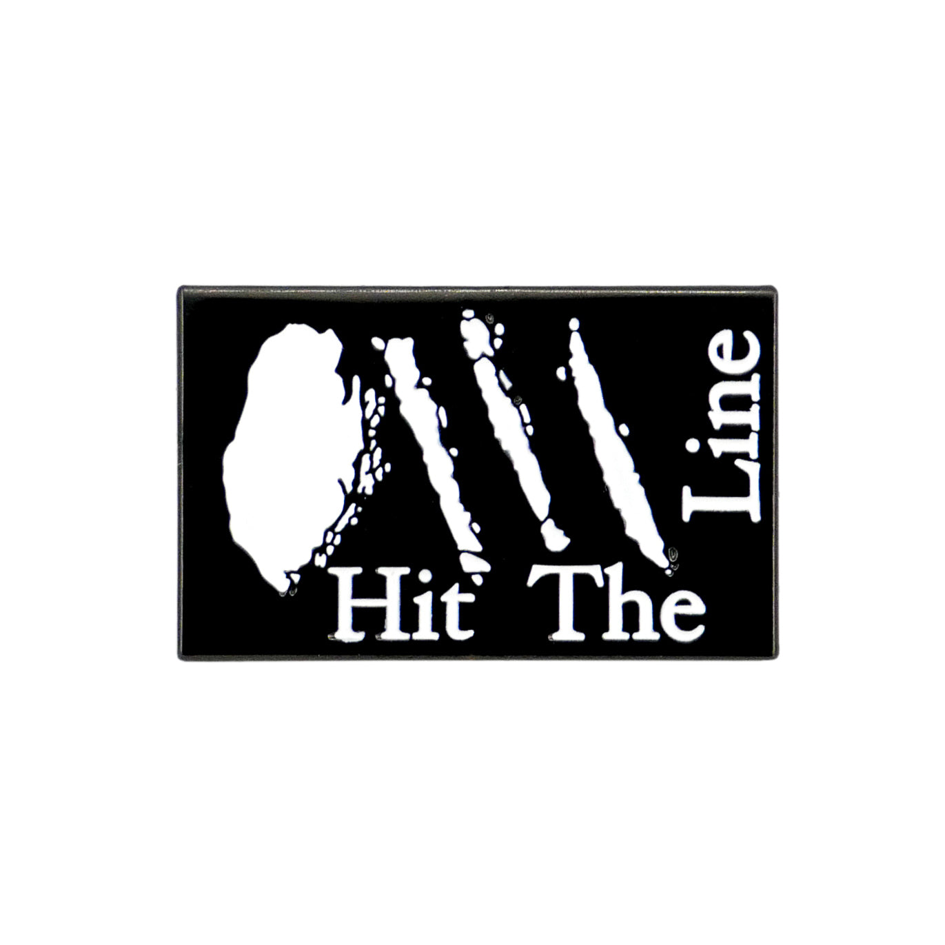 The Logie Joe's Golf Hit the Line Ball Marker is a black rectangle with "Hit The Line" in white, plus three white claw marks and a splatter design beside the text.