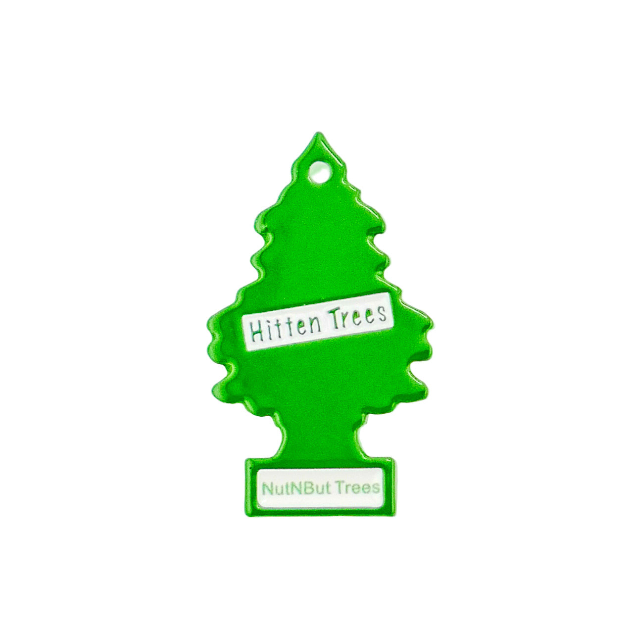 A green, tree-shaped Hitten Trees NutNBut Trees air freshener from Ballmarkers by Logie Joes, with white labels, photographed on a white background—perfect as a funny golf gift or to pair with unique golf ball markers.