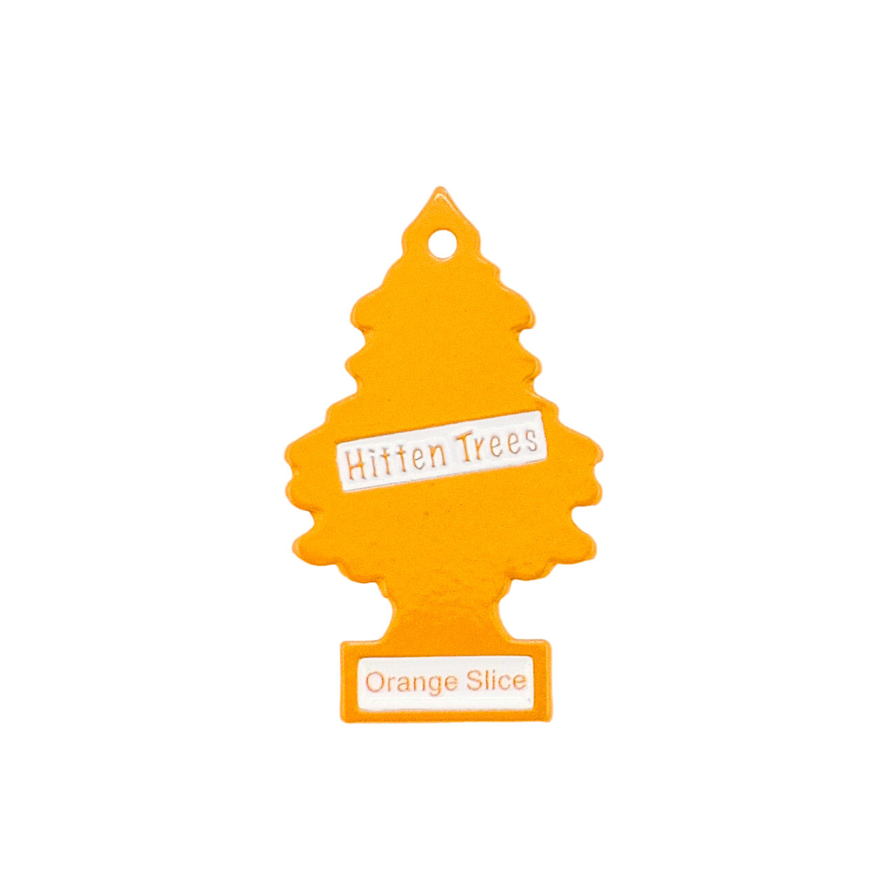 The Hitten Trees Orange Slice by Ballmarkers.com is an orange tree-shaped air freshener featuring "Hitten Trees" across the center, "Orange Slice" at the bottom, and offers a playful twist on golf accessories.