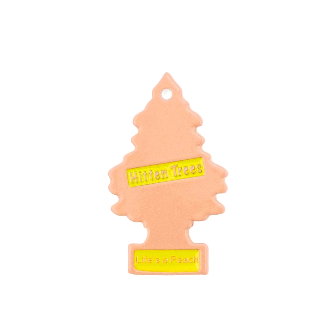 A peach-colored, tree-shaped air freshener from Logie Joe's Golf with "Hitten Trees Life’s a Peach" in yellow—an amusing bag accessory, perfect for fans of funny golf gear.