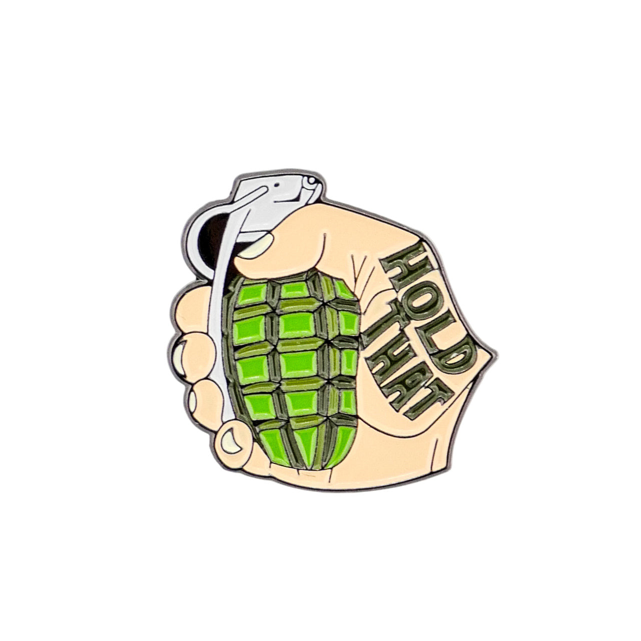 Hold That Grenade by Logie Joe's Golf features a cartoon hand holding a green grenade with "HOLD FAST" tattooed on the knuckles—a bold design for fans of standout golf accessories like unique divot tools or ball markers.