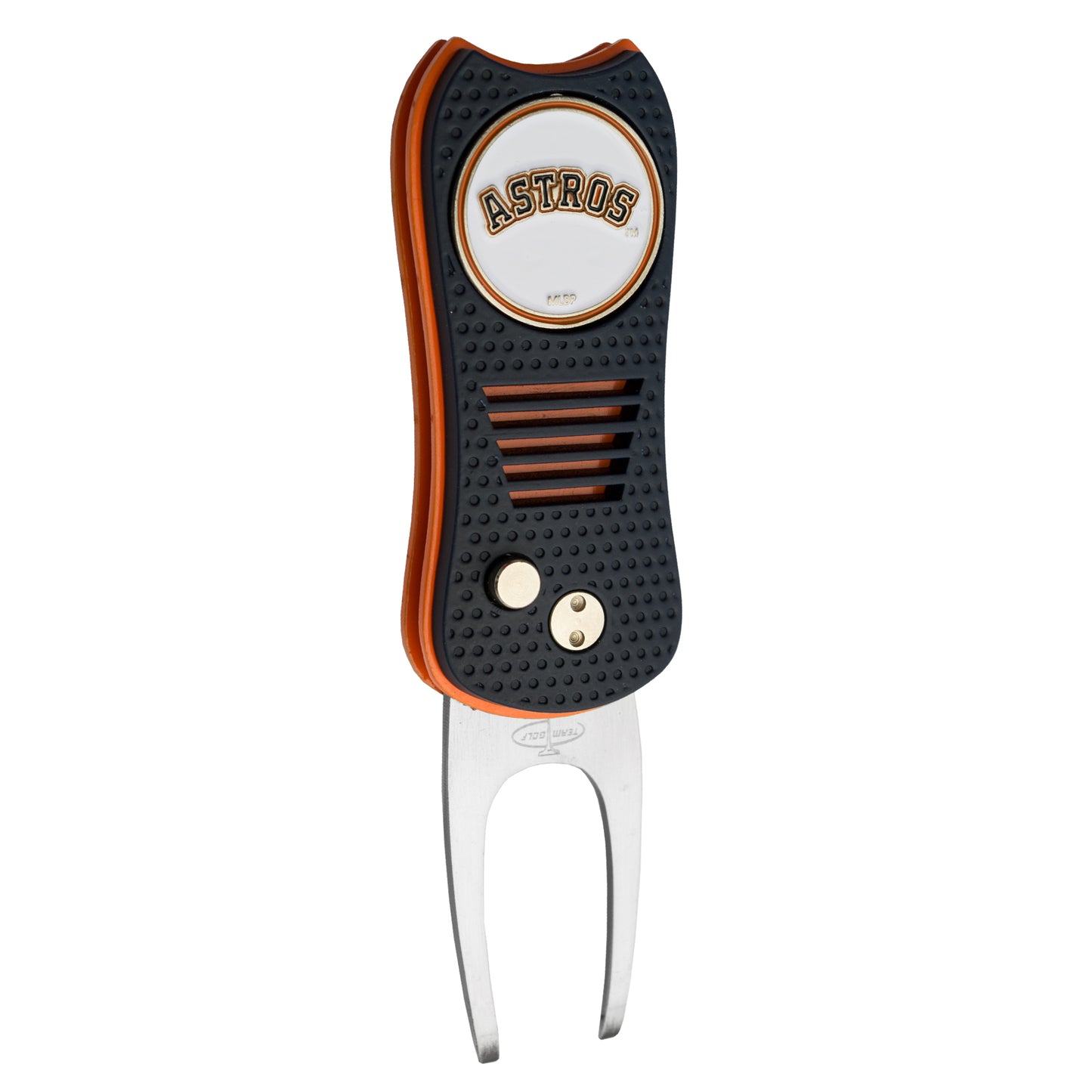The MLB Switchfix Divot Tool with Ball Marker by MLB features a black and orange grip, Astros logo on top, magnetic ball marker, and two metal switchblade prongs.