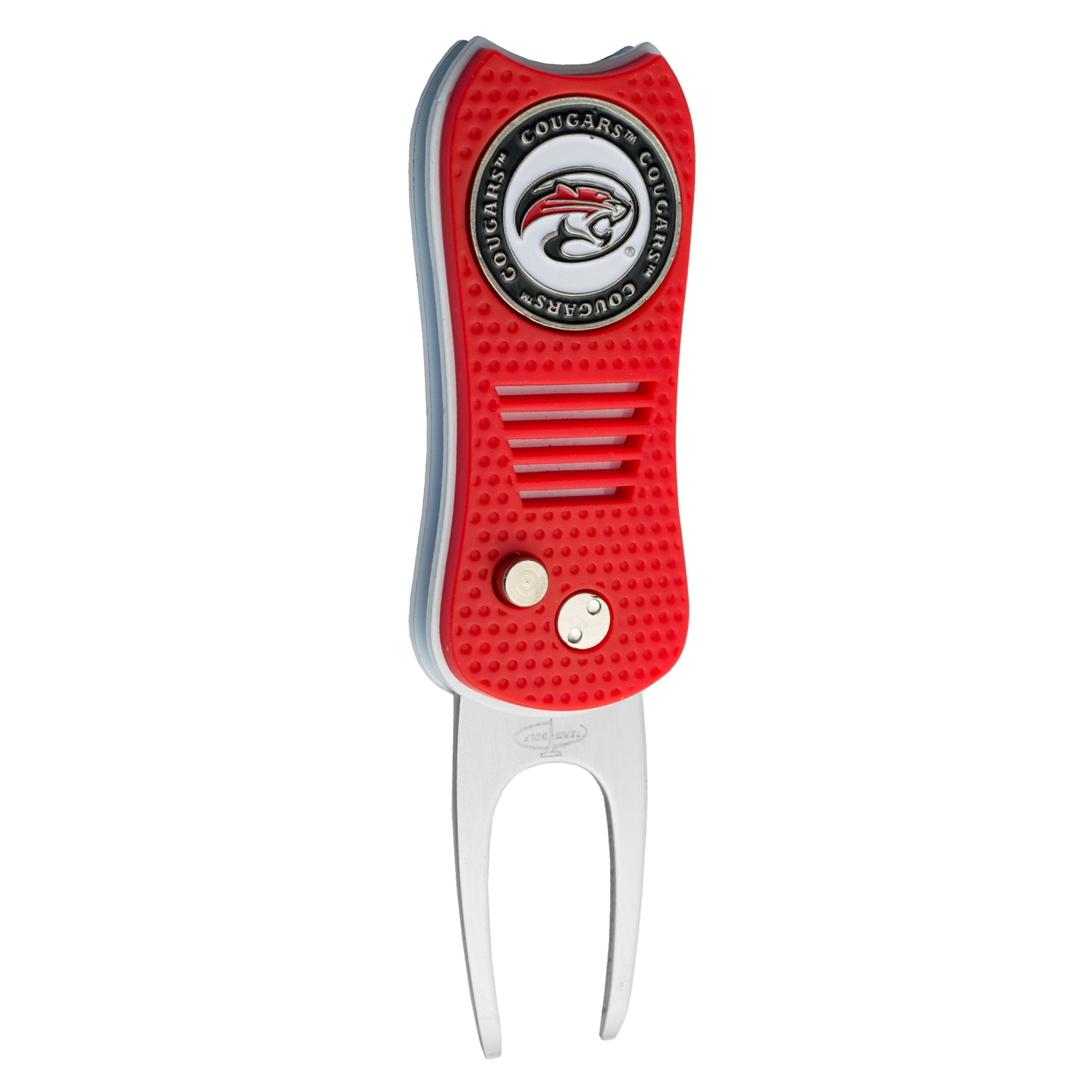 The ACC College Switchfix Divot Tool by Switchfix features a grooved grip, two metal prongs, and a circular emblem with a cougar logo and "COUGARS" on the edge; includes a magnetic ball marker for added convenience.