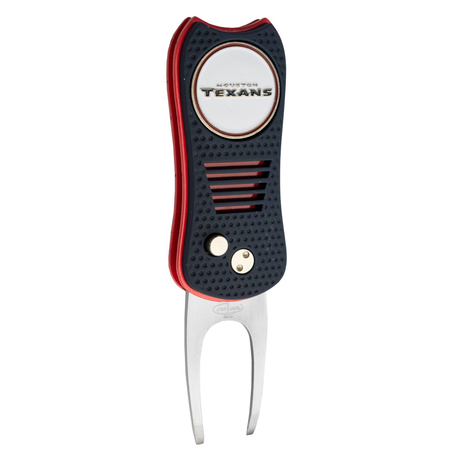 The NFL Switchfix Divot Tool with Ball Marker features a textured grip, black and red design, Houston Texans logo on top, switchblade mechanism, and two metal prongs at the bottom.