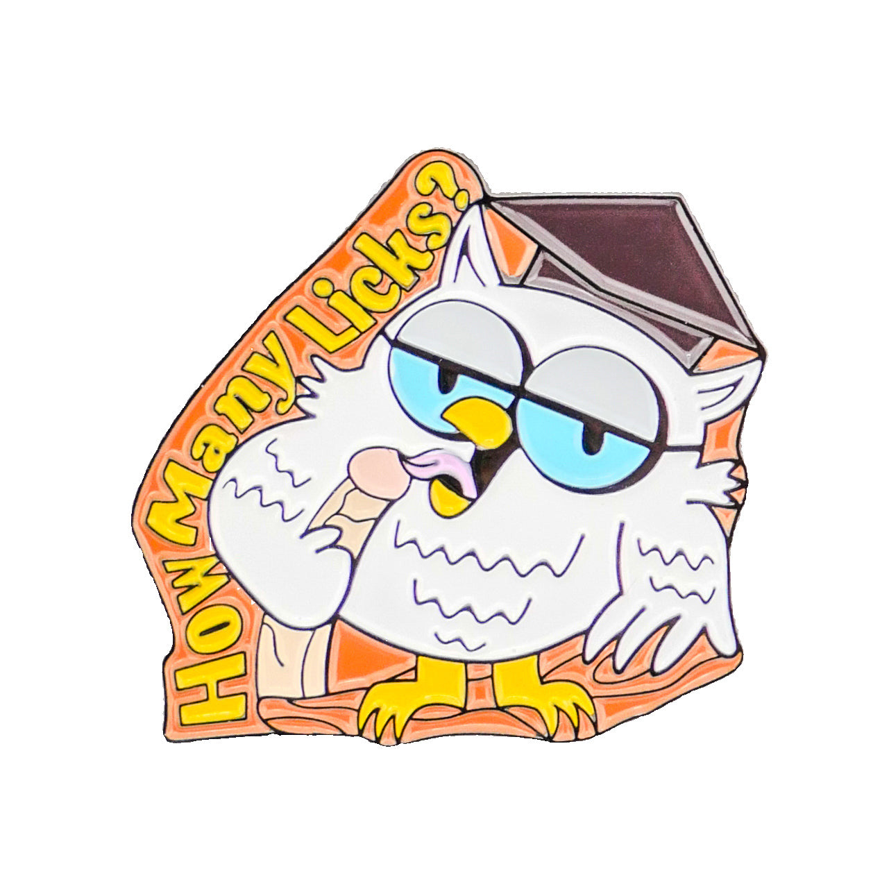 A curious cartoon owl with glasses licks a pink lollipop beside bold “How Many Licks?” text. The Ballmarkers.com "How many licks? Owl" is perfect for fans of funny golf accessories and unique golf ball markers.
