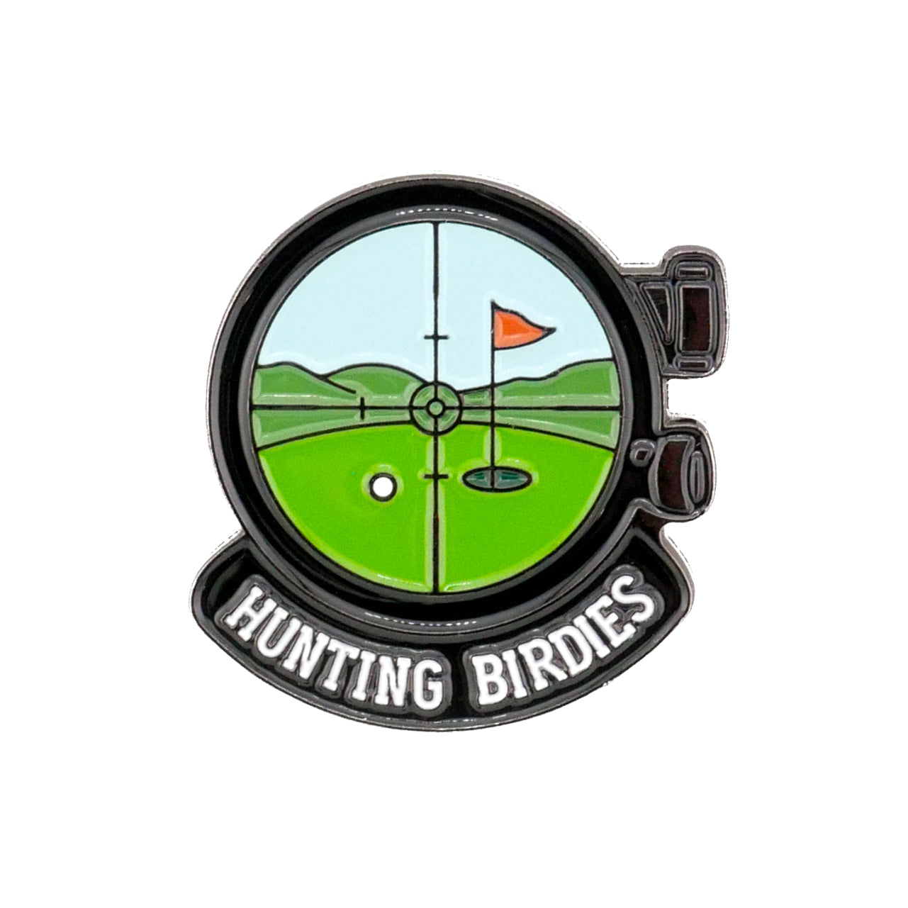 The Logie Joe's Golf Hunting Birdies Ball Marker features a golf green with flag and ball in crosshairs, plus "HUNTING BIRDIES" text—a funny golf accessory perfect for players seeking unique style on the course.