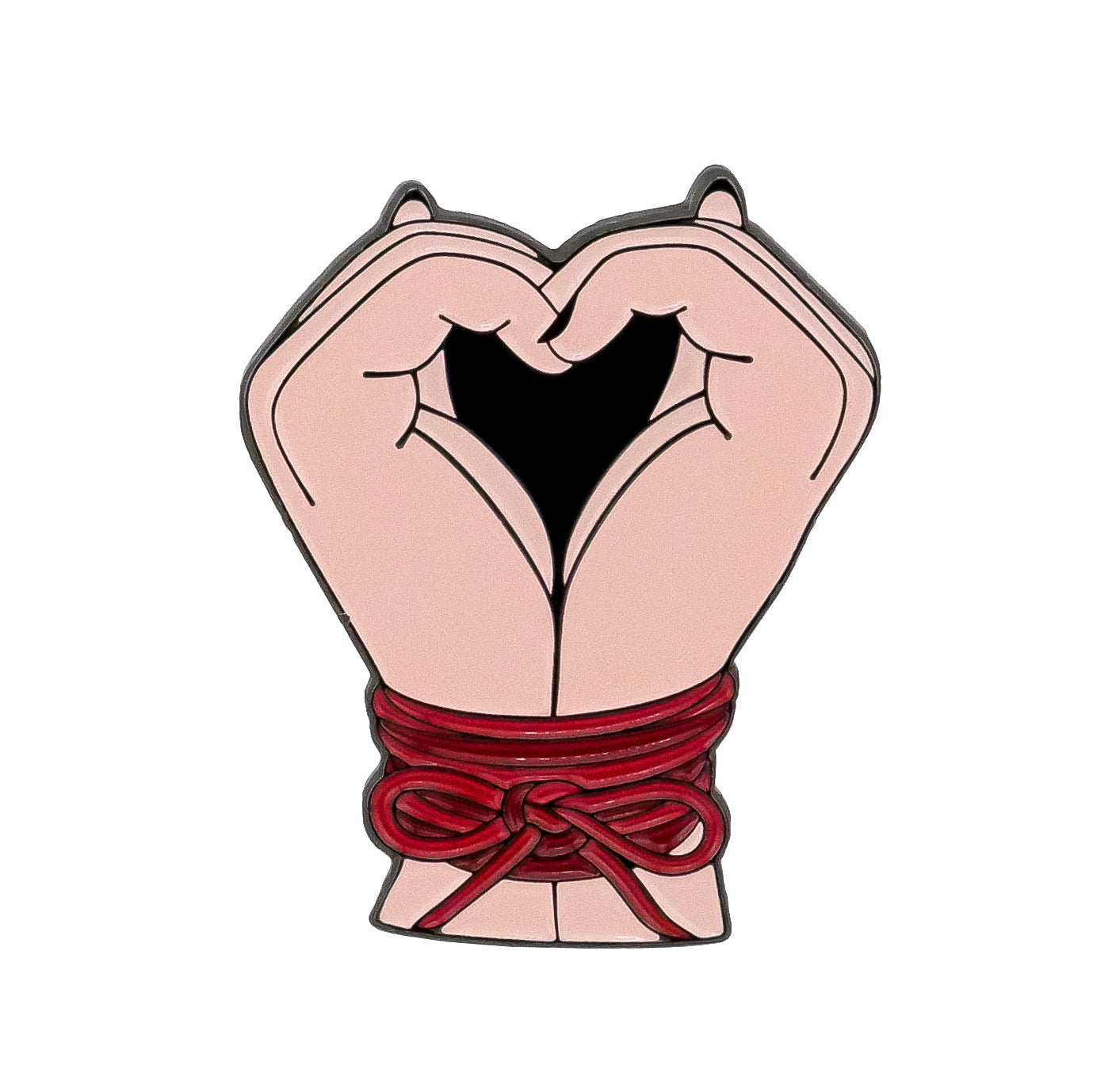 The Love 4 Bondage Ball Marker by Bunkers & Rough features two hands forming a heart, wrists tied with red rope in an artistic knot—a striking and bold design that pops against the white background.