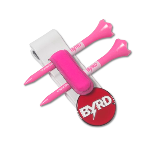 THE BYRD GOLF CLYP – White Swan by The Byrd, LLC includes pink golf tees, a pink ball marker, a pink and white divot tool, and a white strap with the BYRD logo—ideal for Clyp fans, displayed on a white background.