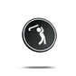 The Bogey Bros "Bogeyman" ballmarker features a black circular icon with a white stick figure swinging a golf club, symbolizing golf. A subtle shadow appears beneath it, all set against a clean white background.