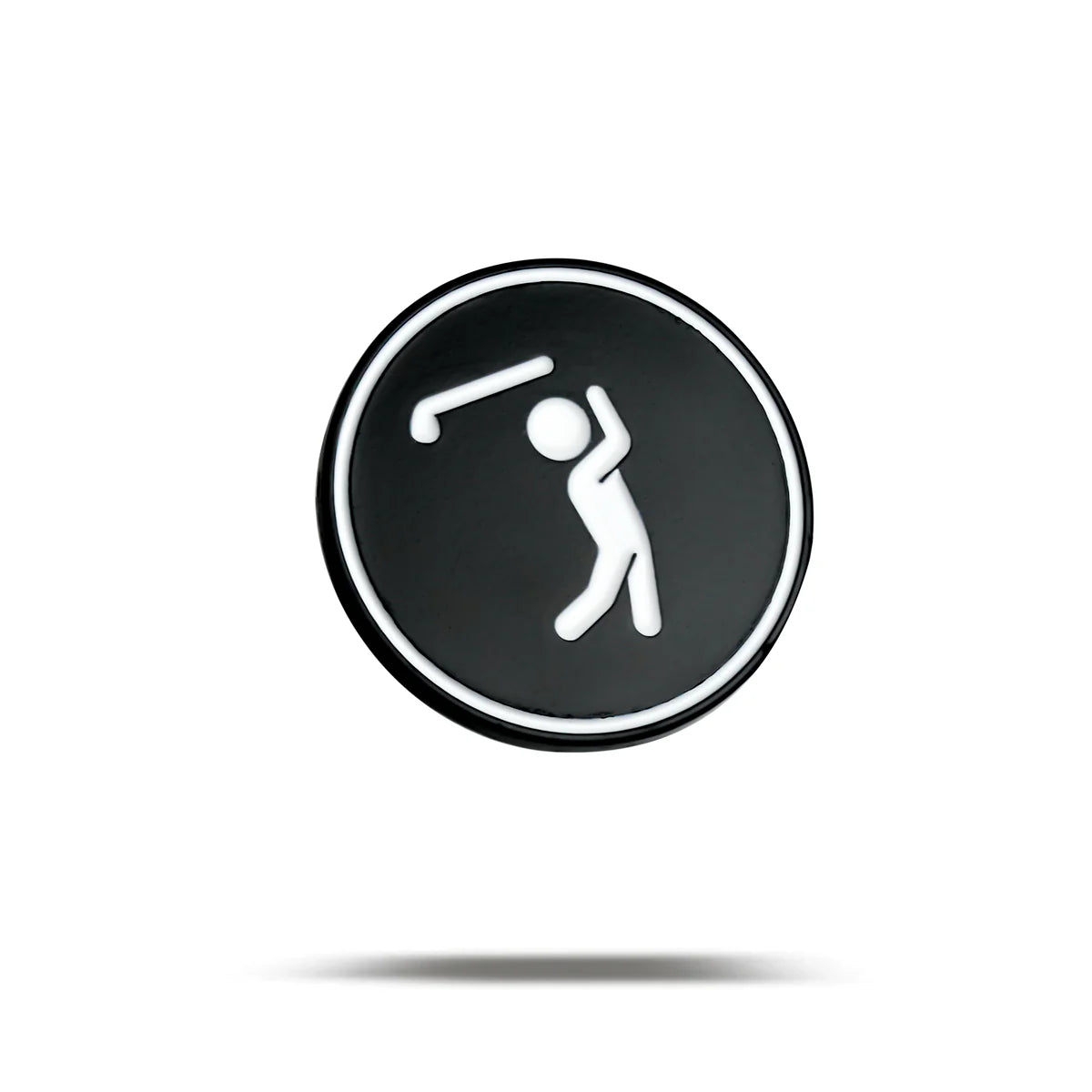 The Bogey Bros "Bogeyman" ballmarker features a black circular icon with a white stick figure swinging a golf club, symbolizing golf. A subtle shadow appears beneath it, all set against a clean white background.