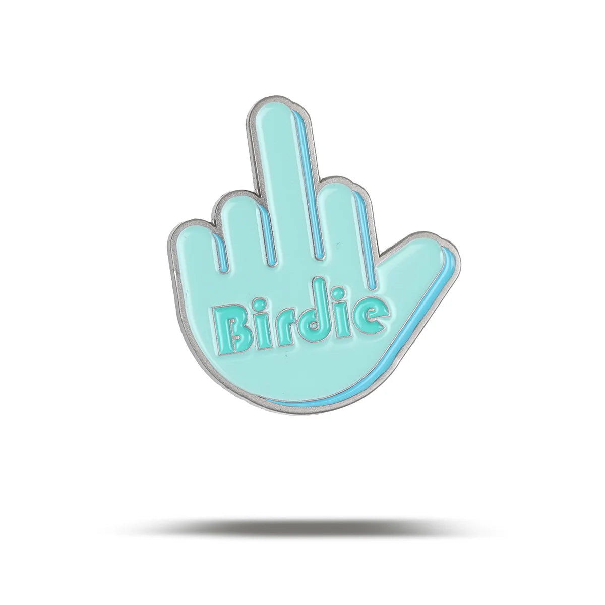 The Birdie Finger enamel pin by Bogey Bros features a teal hand flipping the bird with "Birdie" on the palm—a bold accessory for golf fans who celebrate every birdie, on or off the course.