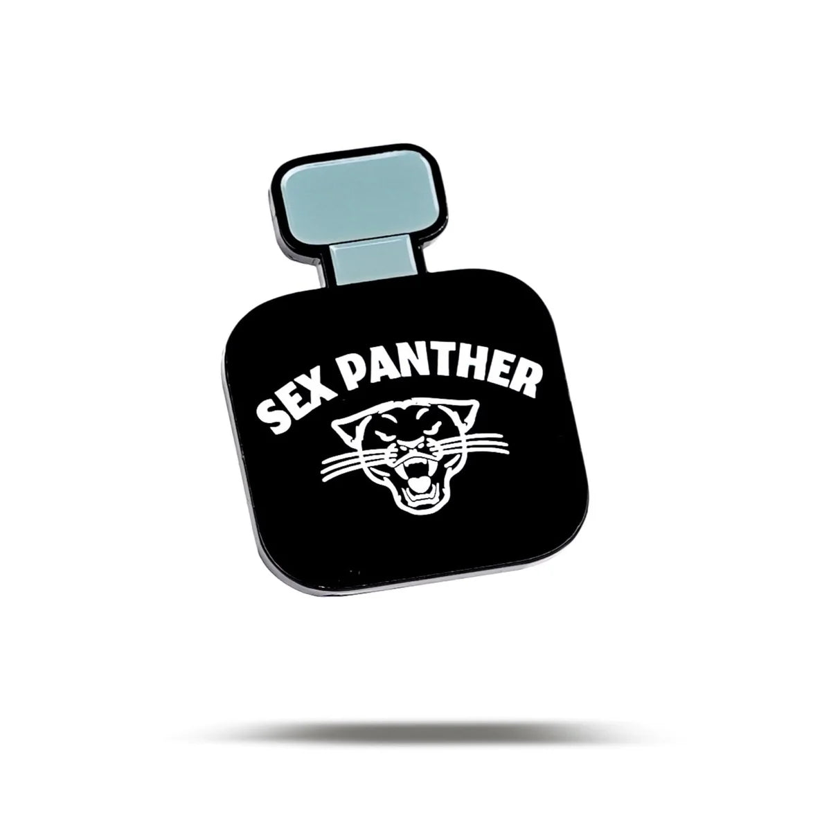 A black, bottle-shaped Sex Panther by Bogey Bros features a blue cap, the words SEX PANTHER, and a white stylized panther head logo on the front. The bold design hints that it "works every time," with a faint shadow cast below.
