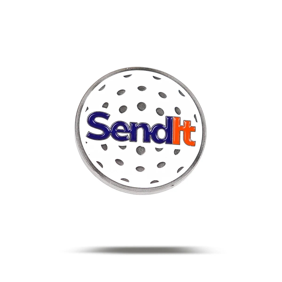 The Bogey Bros "Send It" pin is shaped like a white pickleball with gray holes and bold blue and orange Send It lettering—ideal for any pickleball fan.