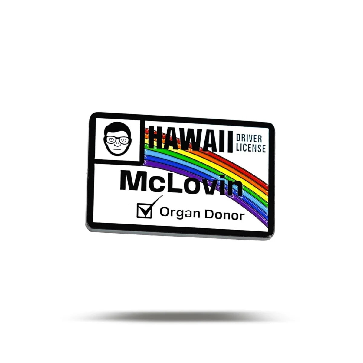 The Bogey Bros McLovin novelty Hawaii driver license features a rainbow design, cartoon face, and Organ Donor box—perfect for fans of beer-themed humor seeking a fun, unique collectible.