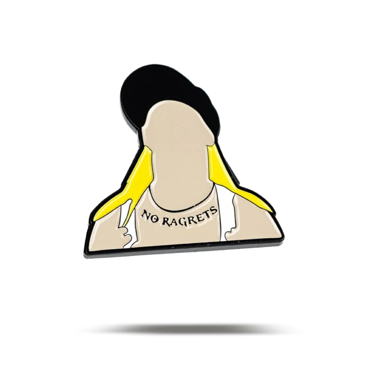 The Bogey Bros Scotty P novelty pin features a faceless person with long yellow-blonde hair, a black backward cap, and a white tank top with the bold "NO RAGRETS" quote.