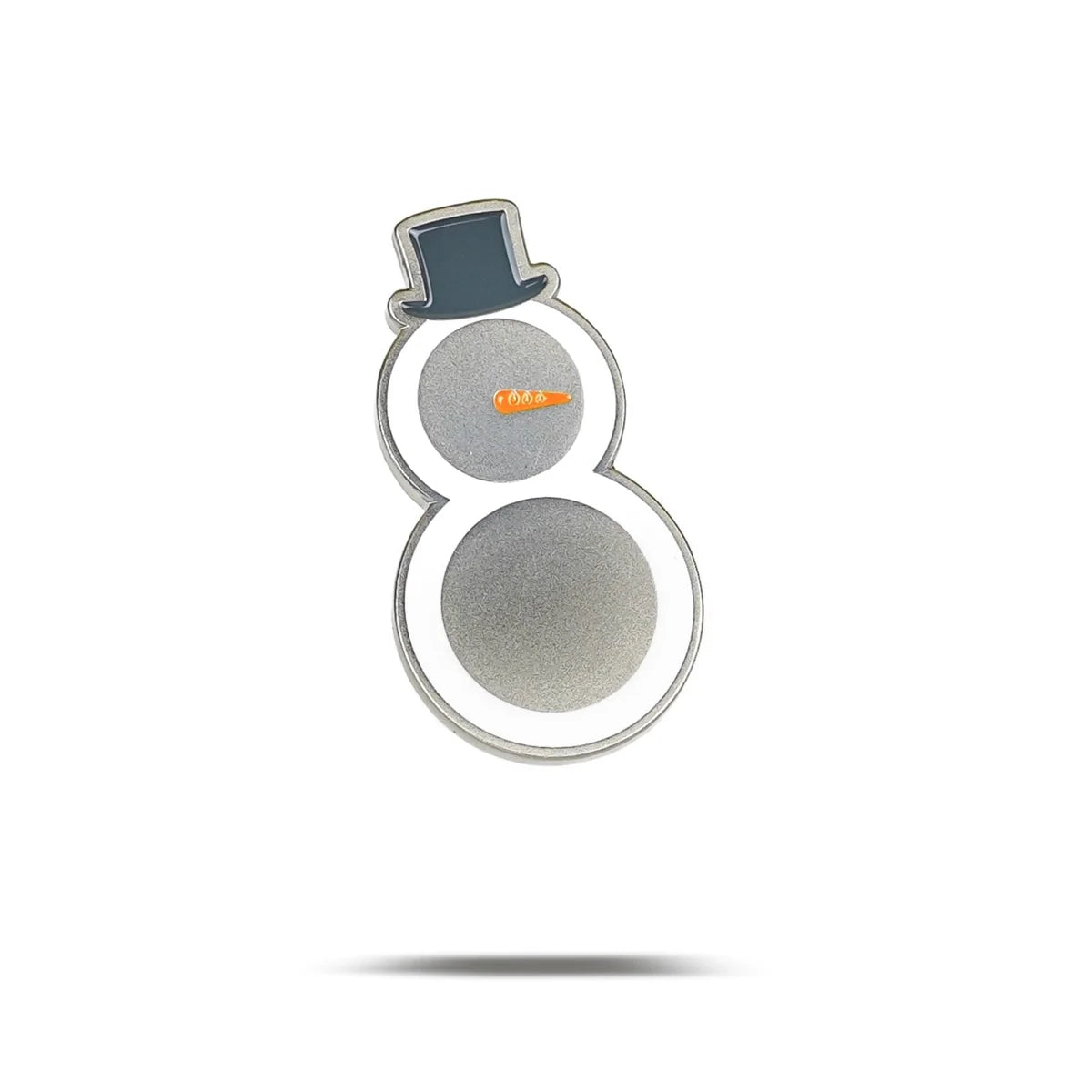 Bogey Bros Snowman: A minimal snowman with a silver outline, two silver circles for the body, orange carrot nose, black top hat, all on a white background—ideal for snowman golf lovers.