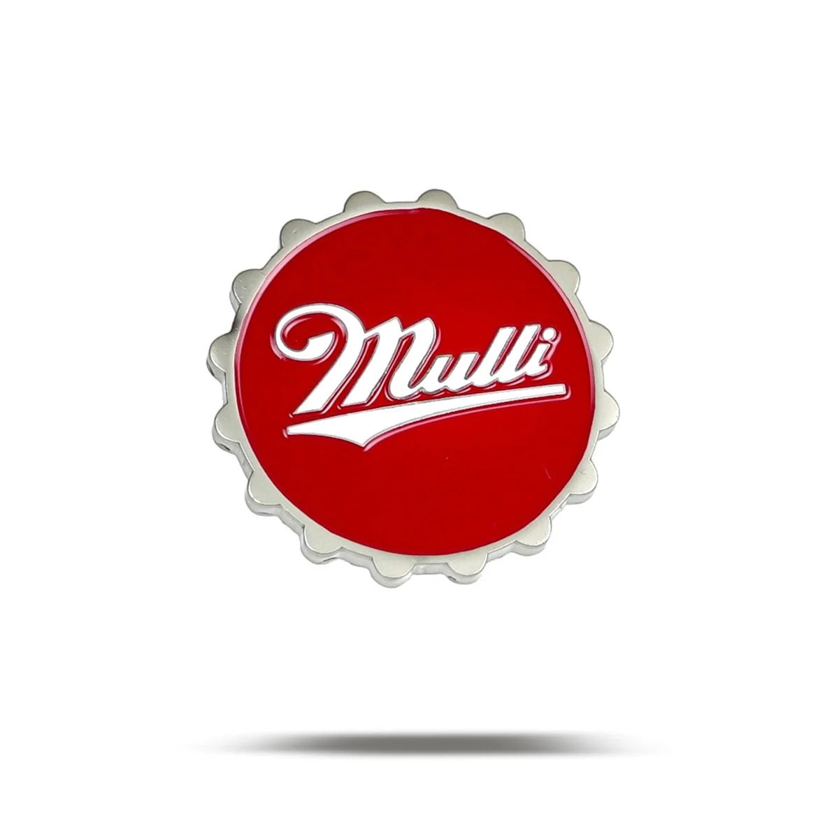 A red Bogey Bros Mulli bottle cap with a silver edge and “Mulli” in white cursive across the center rests on a white background, casting a soft shadow—ideal for golf lovers who believe in second chances.