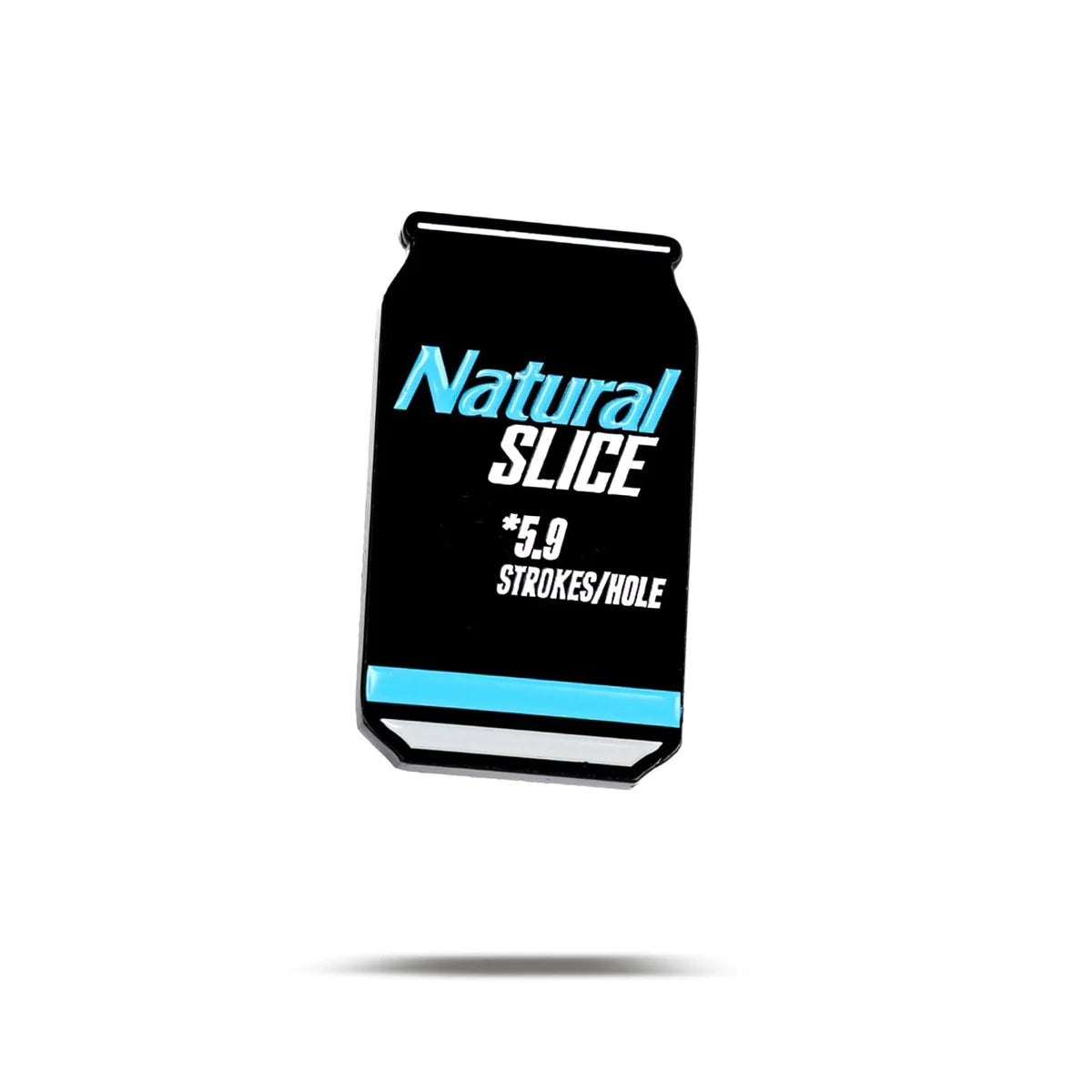 A black can-shaped ball marker by Bogey Bros, labeled "Natural Slice" with "5.9 STROKES/HOLE" in white text, blue accents, and shadow beneath—ideal for any golfer and displayed on a white background.