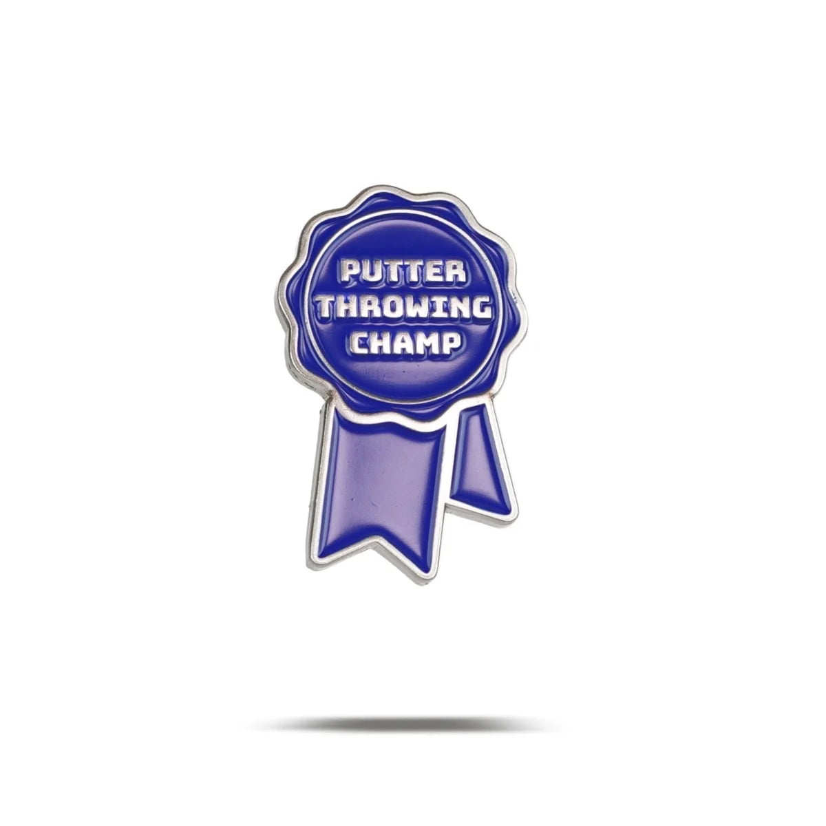 The Bogey Bros "Putter Throwing Champ" enamel pin features a blue award ribbon with white text—a fun golf gift or cheeky joke for players. The pin is pictured on a white background casting a soft shadow.